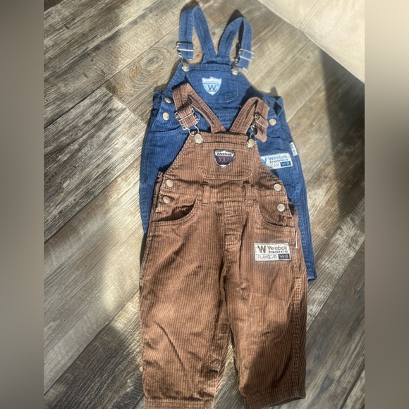 2 pair Vintage 90s Weebok Corduroy Overalls by Reebok navy & brown corduroy bibs - Picture 2 of 16